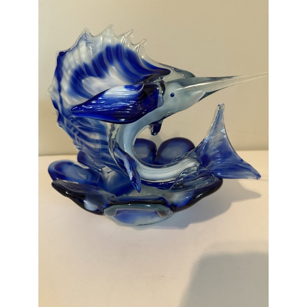 Murano Blue And White Sailfish Marlin Sculpture. Bowl